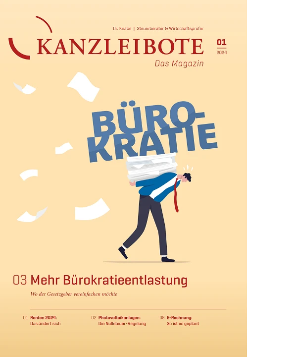 Eine Person trägt einen großen Stapel von Dokumenten, während der Titel "Bürokratie" in großen Buchstaben über dem Bild steht. Unten befindet sich der Zusatz "03 Mehr Bürokratieentlastung - Wo der Gesetzgeber vereinfachen möchte".