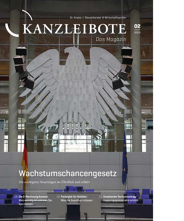 Eine Zeitschrift mit dem Titel "KANZLEIBOTE" auf dem Cover, das das Bundesadler-Symbol im Hintergrund zeigt. Die Hauptüberschrift beschäftigt sich mit dem "Wachstumschancengesetz" und bietet Informationen über Neuerungen. Im unteren Bereich sind Seitenzahlen und Themen aufgelistet.