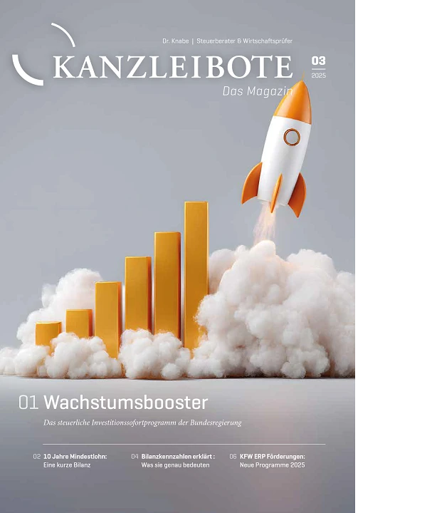 Das Cover des Magazins "Kanzleibote" zeigt eine Rakete, die über einer gelben Säulenstatistik schwebt, während Rauch und Wolken aufsteigen. Der Titel des Magazins und die Ausgabeinformationen sind gut sichtbar.