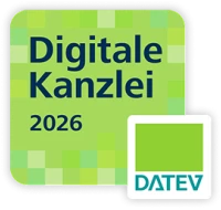 Ein Logo der „Digitalen Kanzlei 2026“ in unterschiedlichen Grüntönen mit dem Schriftzug „Digitale Kanzlei 2026“ und dem DATEV-Logo in der Ecke.