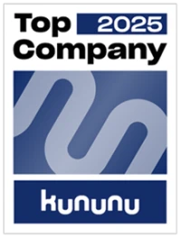 Auszeichnung für das Jahr 2025 als "Top Company" von kununu mit einem stilisierten Logo in Blau und Weiß.