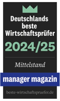 Das Bild zeigt ein Auszeichnungssiegel für "Deutschlands beste Wirtschaftsprüfer 2024/25" mit dem Zusatz "Mittelstand" und dem Logo des Magazins "manager magazin".