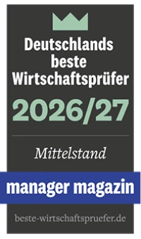 Das Bild zeigt ein Zertifikat mit der Aufschrift "Deutschlands beste Wirtschaftsprüfer 2026/27", gekennzeichnet für die Kategorie "Mittelstand" und versehen mit dem Logo von "manager magazin".