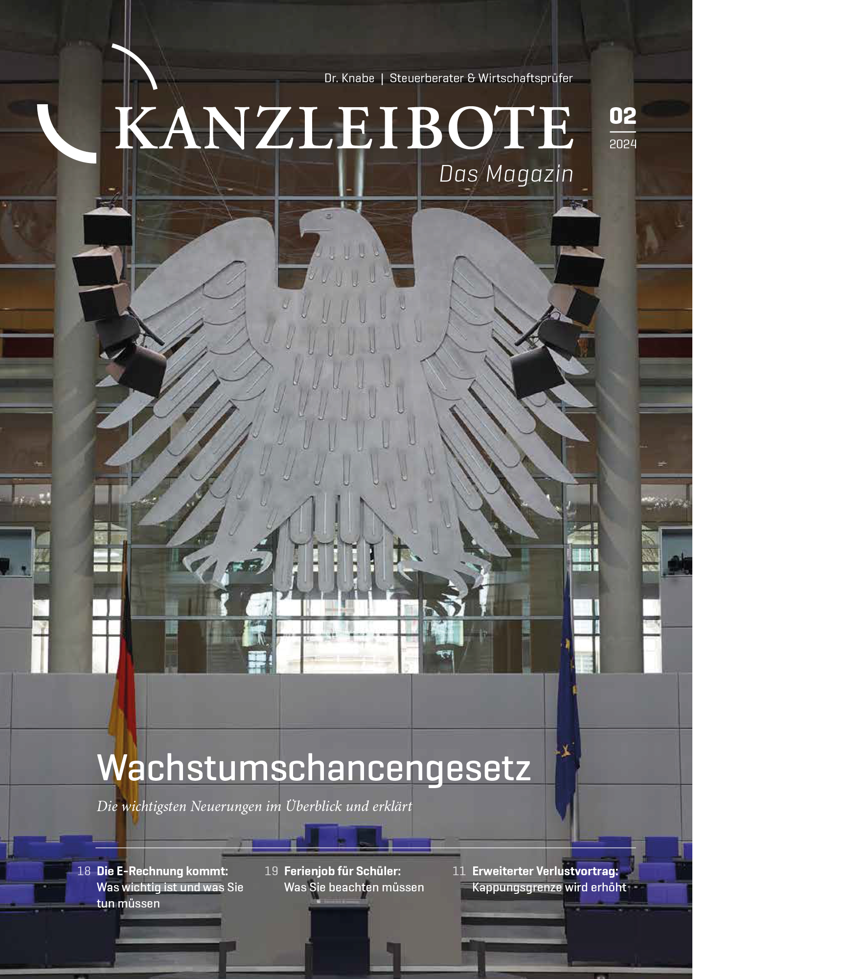 Eine Zeitschrift mit dem Titel "KANZLEIBOTE" auf dem Cover, das das Bundesadler-Symbol im Hintergrund zeigt. Die Hauptüberschrift beschäftigt sich mit dem "Wachstumschancengesetz" und bietet Informationen über Neuerungen. Im unteren Bereich sind Seitenzahlen und Themen aufgelistet.