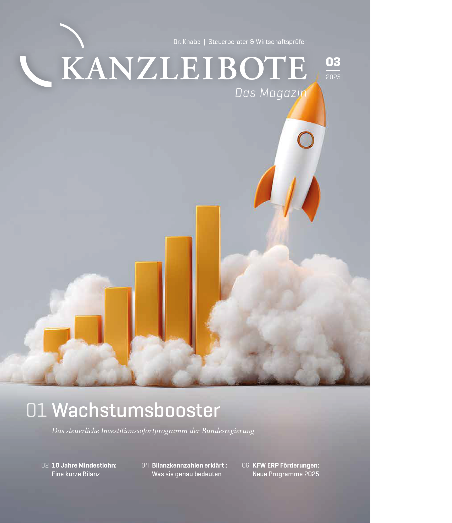 Das Cover des Magazins "Kanzleibote" zeigt eine Rakete, die über einer gelben Säulenstatistik schwebt, während Rauch und Wolken aufsteigen. Der Titel des Magazins und die Ausgabeinformationen sind gut sichtbar.