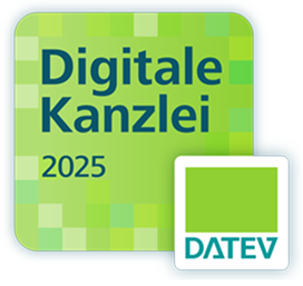 Ein grünes Logo mit der Beschriftung "Digitale Kanzlei 2025" und dem DATEV-Logo in der unteren rechten Ecke.