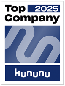 Auszeichnung für das Jahr 2025 als "Top Company" von kununu mit einem stilisierten Logo in Blau und Weiß.
