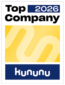 Ein Auszeichnungssiegel mit der Aufschrift "Top Company 2026" und dem Logo von Kununu, umrahmt von gelb und blau.