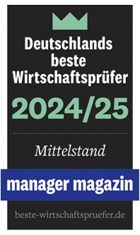 Das Bild zeigt ein Auszeichnungssiegel für "Deutschlands beste Wirtschaftsprüfer 2024/25" mit dem Zusatz "Mittelstand" und dem Logo des Magazins "manager magazin".