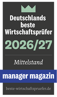 Das Bild zeigt ein Zertifikat mit der Aufschrift "Deutschlands beste Wirtschaftsprüfer 2026/27", gekennzeichnet für die Kategorie "Mittelstand" und versehen mit dem Logo von "manager magazin".