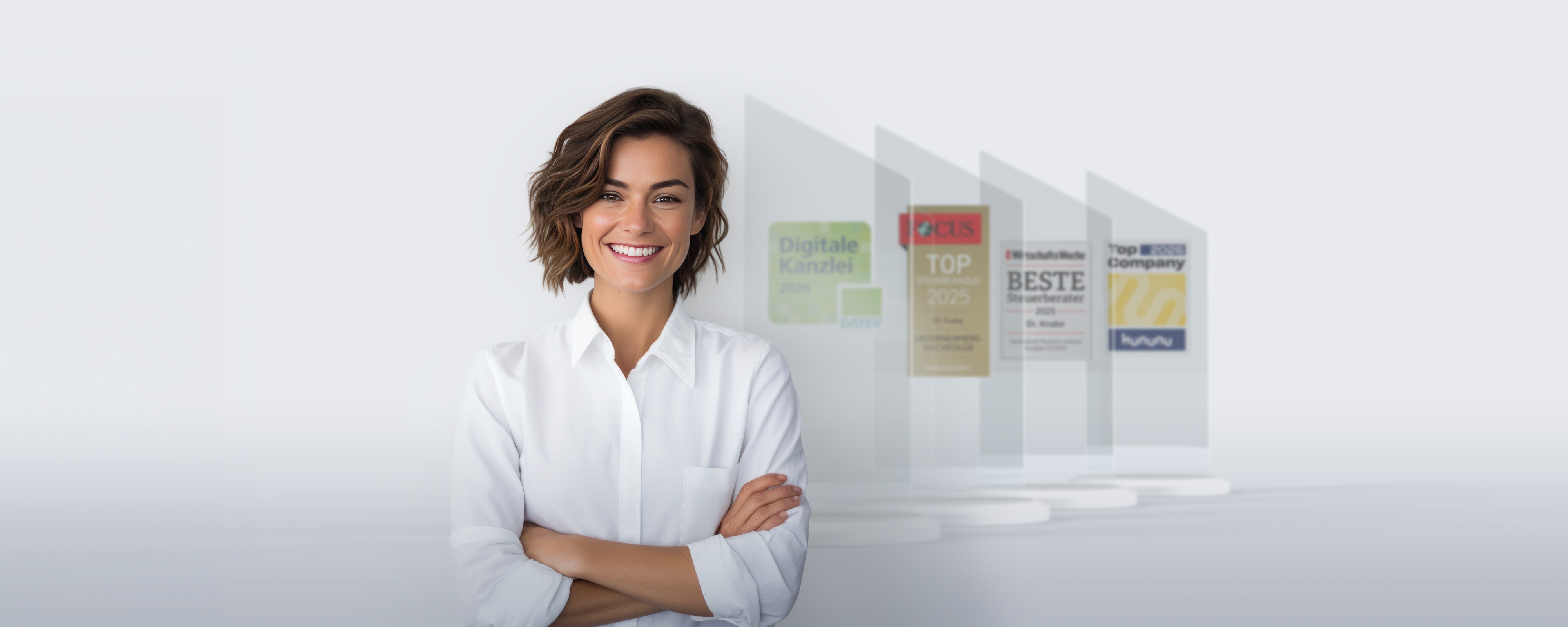 Eine lächelnde Frau in einem weißen Hemd steht mit verschränkten Armen vor mehreren transparenten Trophäen und Auszeichnungen, die hinter ihr angeordnet sind.